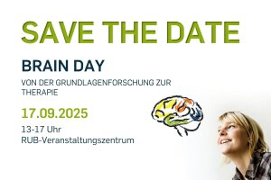 Visual des Brain Day 2025 Visual of Brain Day 2025. In the lower right corner, a woman is shown looking up at an illustrated brain. The image also contains information about Brain Day 2025: The event will take place on September 17, 2025, from 1:00 PM to 5:00 PM at the event center.